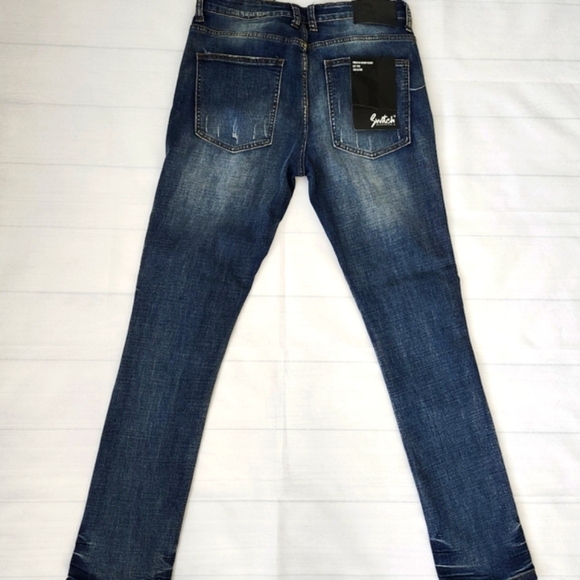 Men's Vintage Blue Wash Distressed Denim Jeans - Skinny Fit - Picture 8 of 11